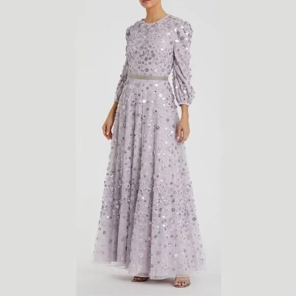 Mac Duggal 93805 Women‎ SZ 8 Floral Applique Puff Sleeve High Neck Gown Lavender - Picture 3 of 7